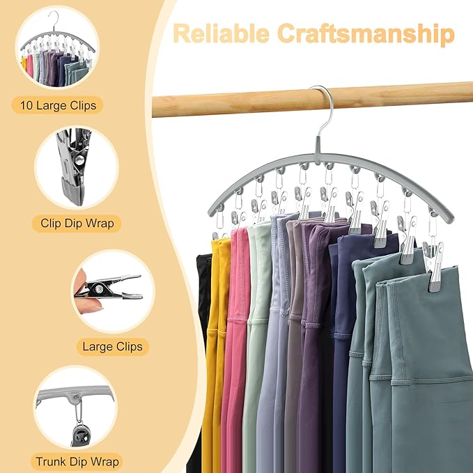 Legging Organizer for Closet, Metal Yoga Pants Hanger w/Rubber Coated 1 Pack w/10 Clips Hold 10 Leggings, Hangers Space Saving Hanging Closet Organizer for Closet Organizers and Storage-Gray