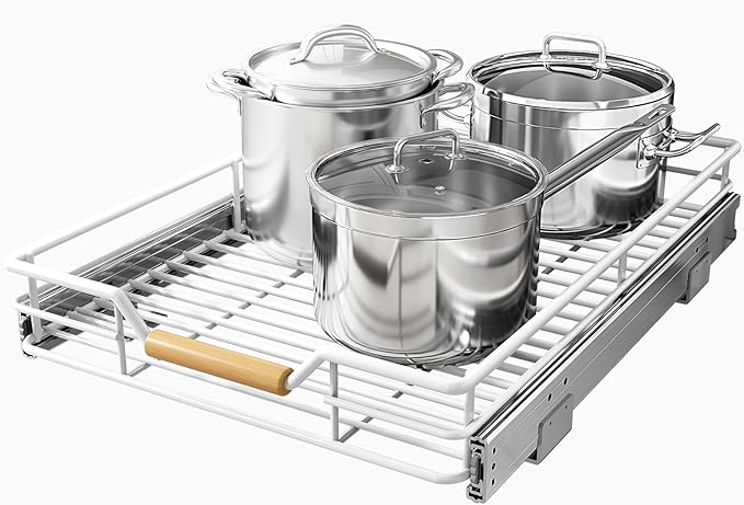 Pull out Cabinet Organizer, 18"W X 21"D, Heavy Duty Smooth Sliding Under Cabinet Shelves for Pots and Pans, Full-Extension Roll out Drawers, Slide out Organization for Home Kitchen Pantry, White