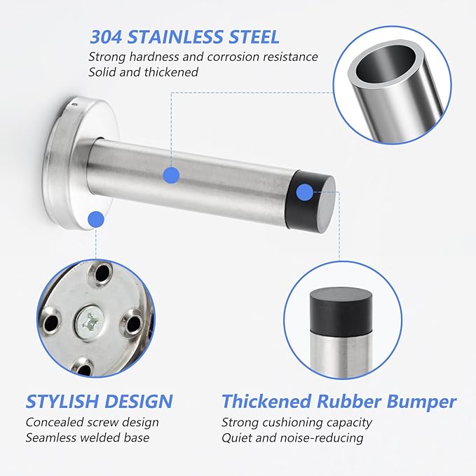 HOME MASTER HARDWARE 2 Pack Satin Nickel Door Stoppers – 3.5 Inch 304 Stainless Steel Door Stop Bumper, Door Holder Wall Protector with Sound Dampening
