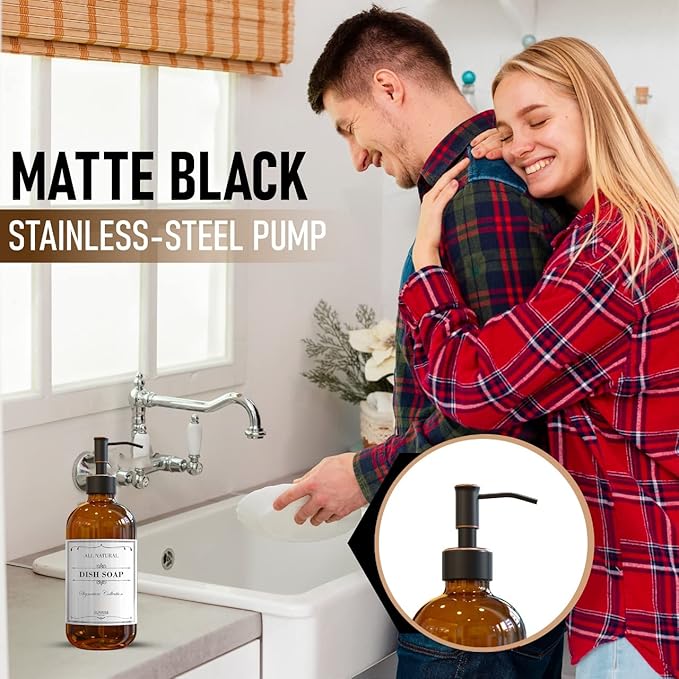 2 Pack Amber Glass Soap Dispenser 16 OZ with Oil Rubbed Bronze Stainless Steel Pump, Hand and Dish Soap Dispenser Set for Bathroom and Kitchen Sink with 6 Waterproof Labels