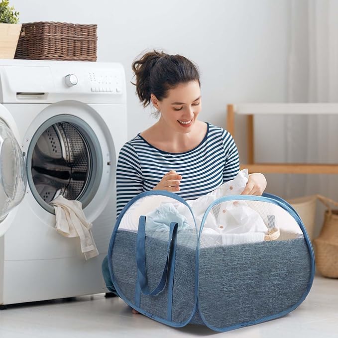 Collapsible Laundry Baskets, Tear Proof Pop Up Laundry Hamper with Large Capacity, Sturdy Foldable Laundry Basket, Easy to Carry Laundry Hamper for Home, Laundry Room, Bedroom, Dorm, Travel Blue