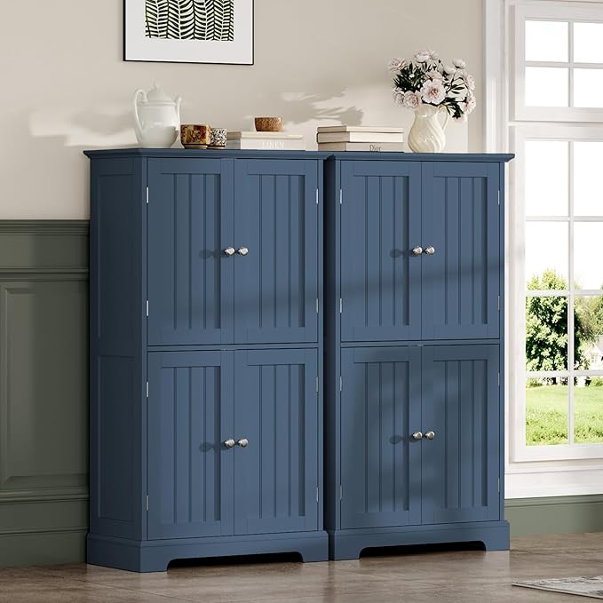 ChooChoo Bathroom Floor Cabinet, Modern Bathroom Storage Cabinet with 4 Doors and Adjustable Shelves, Freestanding Cupboard for Living Room, Blue