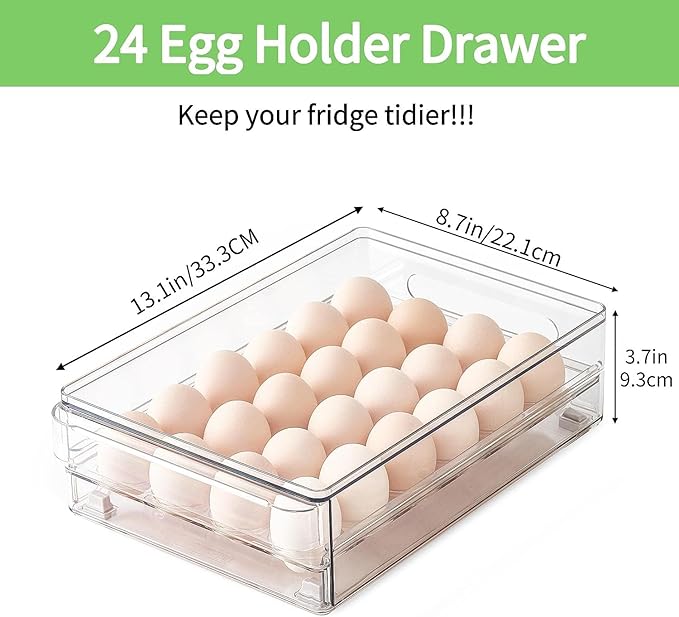 vacane Egg Holder for Refrigerator, 48 Capacity Clear Egg Storage Drawer with Non-Slip Pads, Stackable BPA-Free Egg Organizer Tray for Fridge