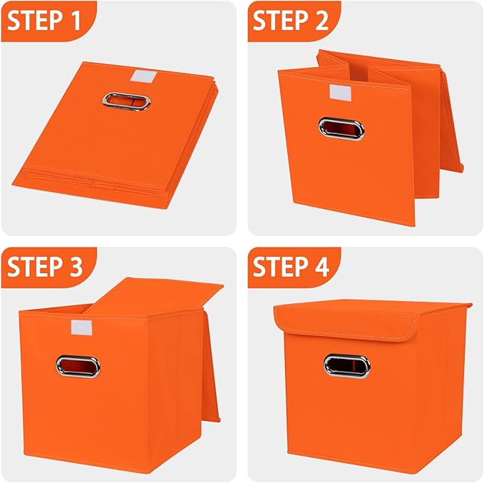 Closet Organizers Fabric Storage Bins With Lids Collapsible Cube Storages Organizer Basket With Handles,Storage Boxes for Clothes Storage,Office,Toys,3 Pack,（Orange