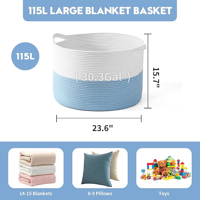 Foldable Laundry Hamper Basket with Collapsible Handle Cotton Rope Soft Woven Fabric Storage Organizer Clothes Toys Nursery Bedroom Dorm Space Saving Bin (White & Blue, 115L(23.6"D x 15.7"H))