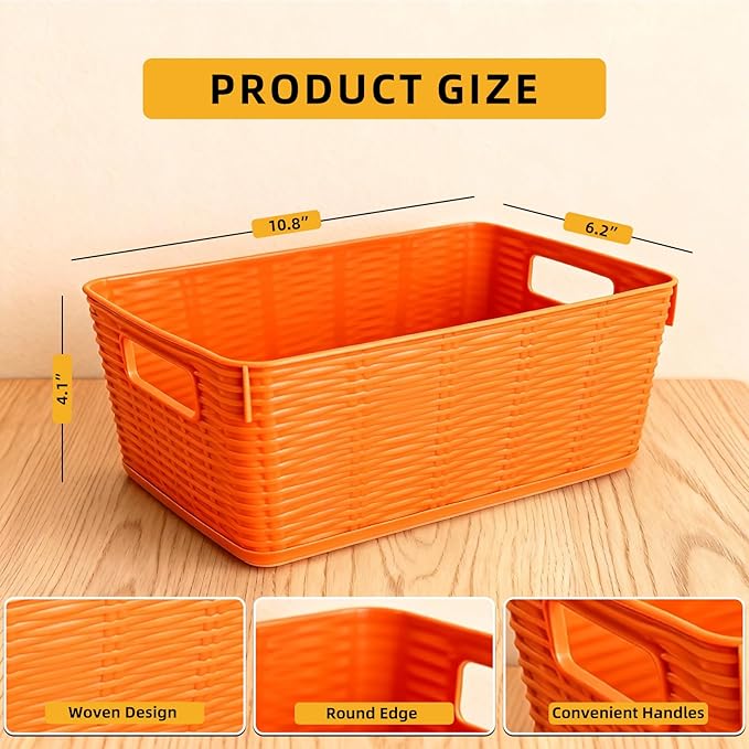 12-Pack Plastic Storage Baskets, Stackable & Nestable Organizer Bins for Toys, Clothes, Home (Orange - Rectangular)
