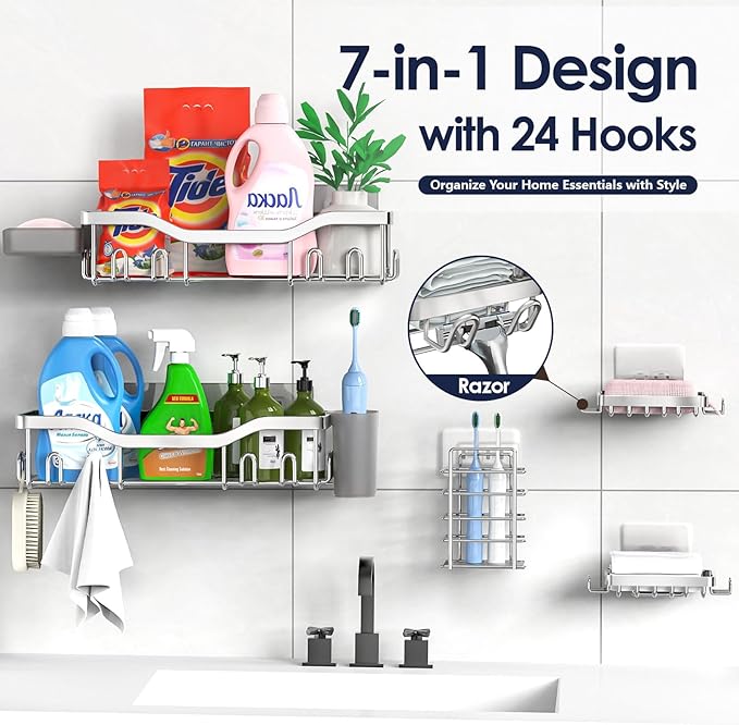 Shower Caddy Adhesive Shower Organizer 7-Pack, Rustproof Stainless Steel Bathroom Shelves, Large Capacity No-Drill Rack Storage Accessories with Soap Dish Toothbrush Holder Hooks