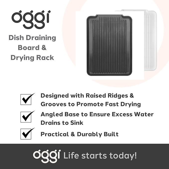 Oggi Dish Drain Board and Drying Rack Tray for Kitchen Counter, Plastic Drainboard with Raised Ridges, 12.75 x 17.25 inches - White