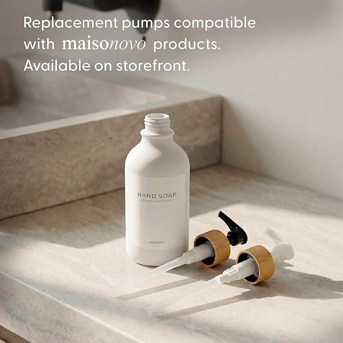MaisoNovo Soap Dispenser Bathroom Set of 2-16.9 oz Bathroom Soap Dispenser Set - White Plastic Bottles x 2 with White Bamboo Pumps & Tray