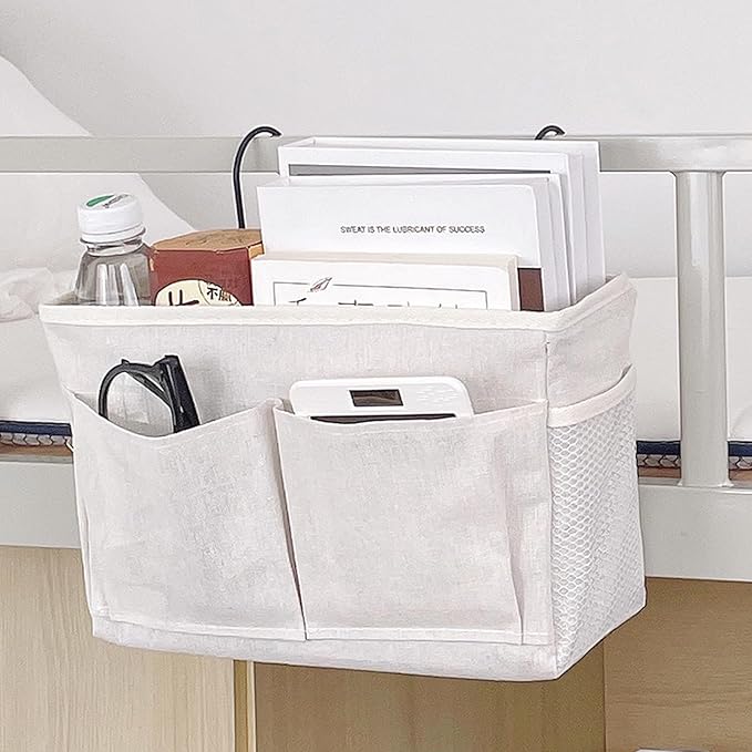 Bedside Caddy Organizer Hanging Storage Basket with Large Pockets & Hooks, Heavy-Duty Canvas Bedside Organizer for Bunk Beds, Dorm Rooms, Hospital Beds & Small Spaces (Gray Triangle Pattern)