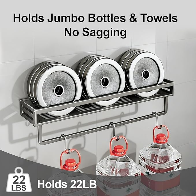 2-in-1 Mount Shower Shelf with Towel Rack & 5 Hooks - 15.8in Rustproof Waterproof Bathroom Organizer - No Drill Adhesive or Drill Mount