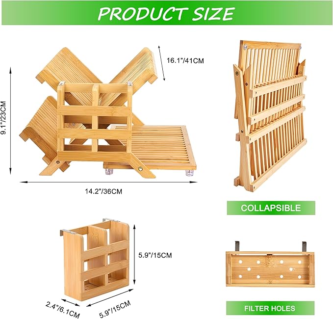 Bamboo Dish Drying Rack with Utensil Holder, Collapsible Wooden Dish Drainer Rack, 3-Tier Large Folding Drying Holder for Kitchen Counter 51 pcs Grid