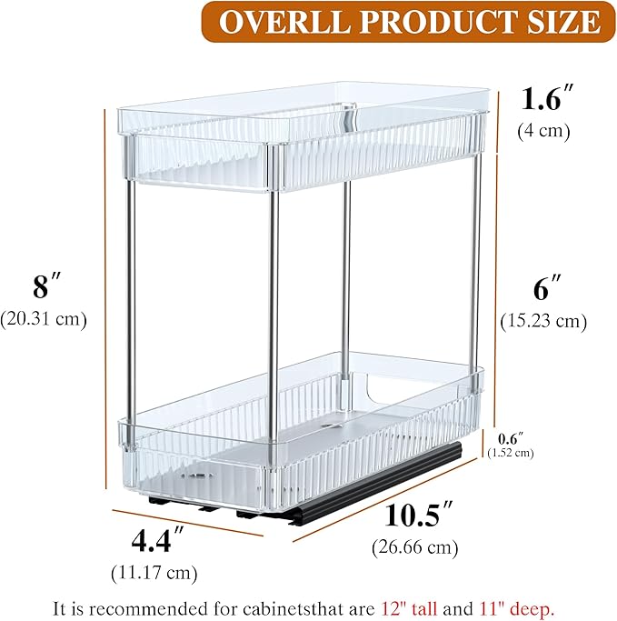 3 Pack Pull Out Spice Rack Organizer for Cabinet, 2 Tier Slide Out Spice Racks Organizer, Spice Cabinet Organizers, Cabinet Size Need:12'' High x 11'' Deep x 5'' Wide, Clear Acrylic