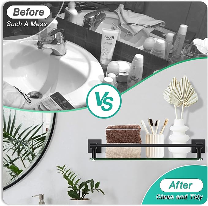 SFGSOWOR Glass Shelf 16IN for Bathroom Black Rectangular Stainless Steel Tempered Glass Modern Wall Mount Shelf Sink Over Toilet Bathroom Organizer (Matte Black, 16‘’)