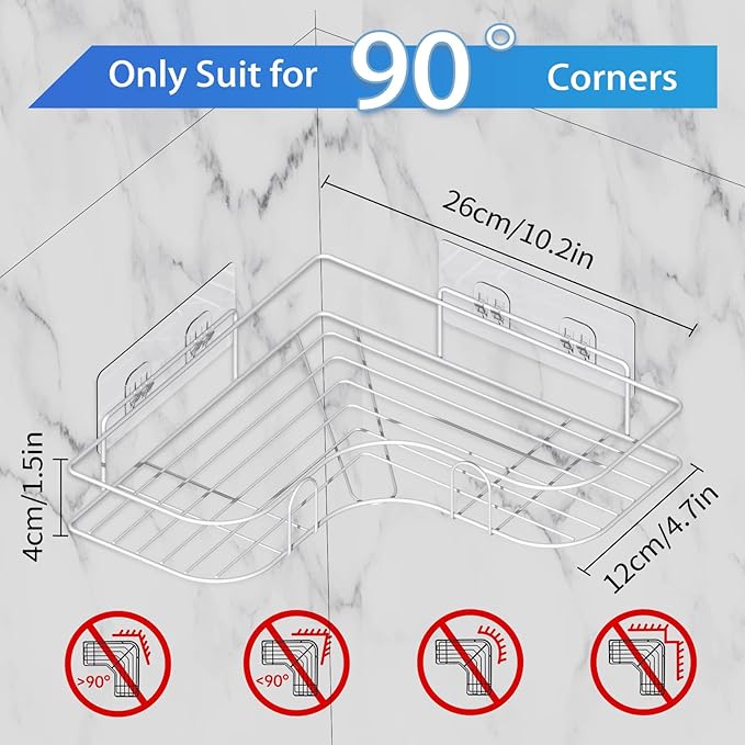 Moonlit Pond Corner Shower Caddy, 2 Pack Adhesive Shower Corner Organizer Shelves, No Drilling Stainless Steel Shower Storage Rack for Bathroom, Dorm and Kitchen, White