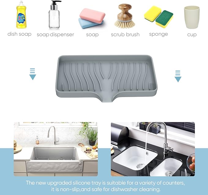 Kitchen Sink Tray,Self Draining Kitchen Soap Tray Soap Holder Silicone Sponge Holder for Kitchen Sink,Kitchen Bathroom Sink Caddy Sink Organizer for Sponge,Soap Dispenser,Dish Scrubber,Palm Brush
