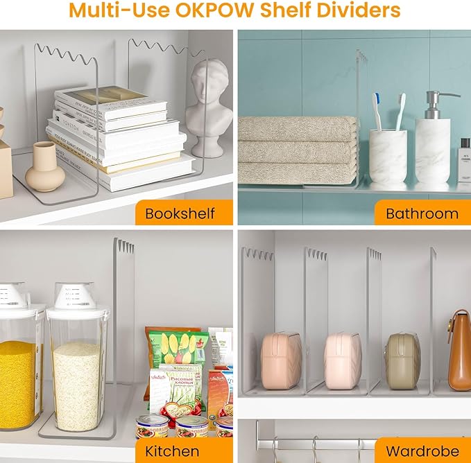 OKPOW Shelf Dividers for Closet Organization - 10" Tall X 12" Deep Acrylic Clear Separators for Clothes Purse - Vertical Wood Cabinet Shelf Divider Handbag Storage for Sweater Organizer Wife 4 Pack