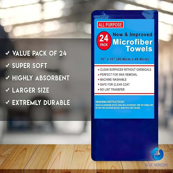 Microfiber Cleaning Towels, Pack of 24, Ultra Soft Plush Washcloth, All Purpose Premium Microfiber Detailing Cleaning Cloths Reusable Shop Towels (16" x 16", Royal Blue)