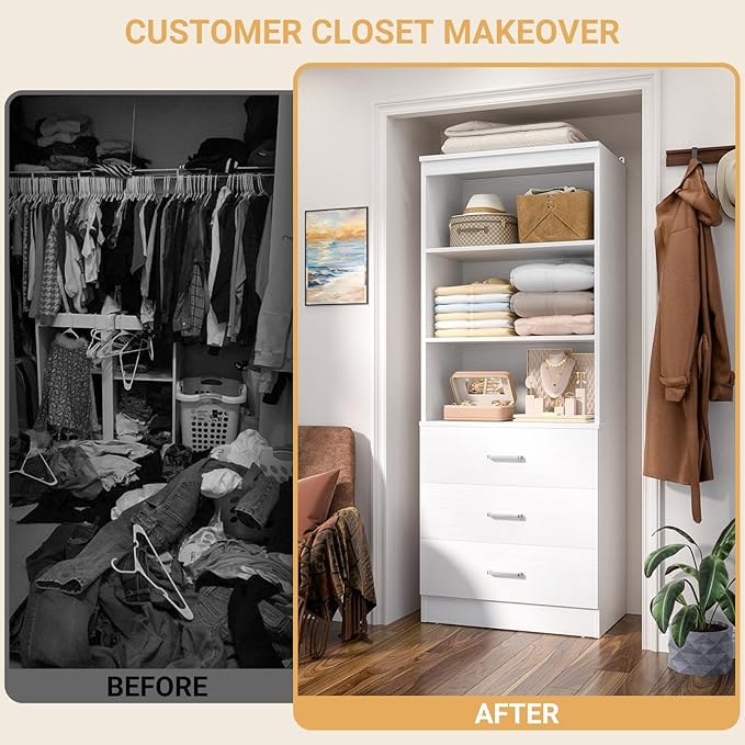 Aheaplus 23.6" Closet Drawers System, Wood Closet Organizer System with 3 Drawers, Modular Small Walk-in Closets Storage Unit, White (23.6" L x 13.8" W x 71" H)