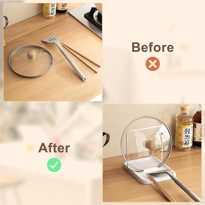 Pot Lid Holder, Lid and Spoon Rest Holder for Kitchen Counter, Foldable Pan Lid Organizer Stand with Nonslip Pads, Multifunctional Utensils Pan Pot Cover Lid Rack Shelf For Stove Top, White