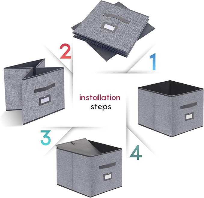 Onlyeasy Extra Large Cloth Storage Bins Foldable Cube Storage Bin 4 Pack - Fabric Cube Organizers Container Drawers with Dual Handles for Shelves, 13" W x 15" D x 13" H, Linen-Like Grey, 7MXDBXL04PLP