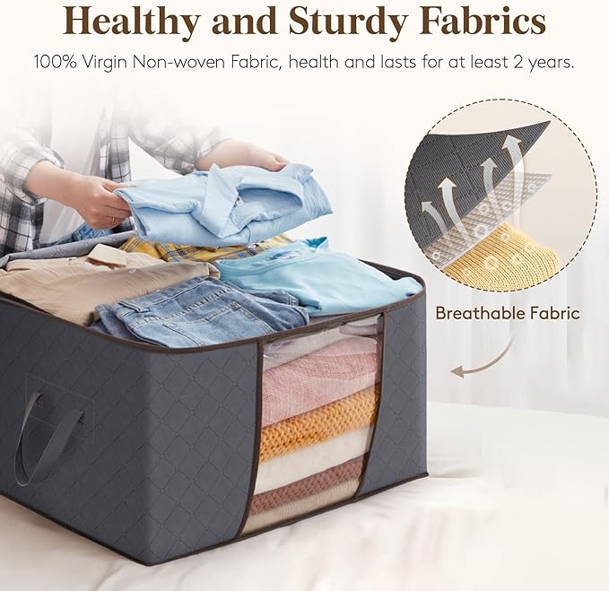 Lifewit 24 Pack Clothes Storage Bins with Lids, Foldable Blanket Storage Bags with Zippers, Clear Window and Reinforced Handles, Closet and Organization for Clothing, Sweater, Comforter, Bedding, Gray