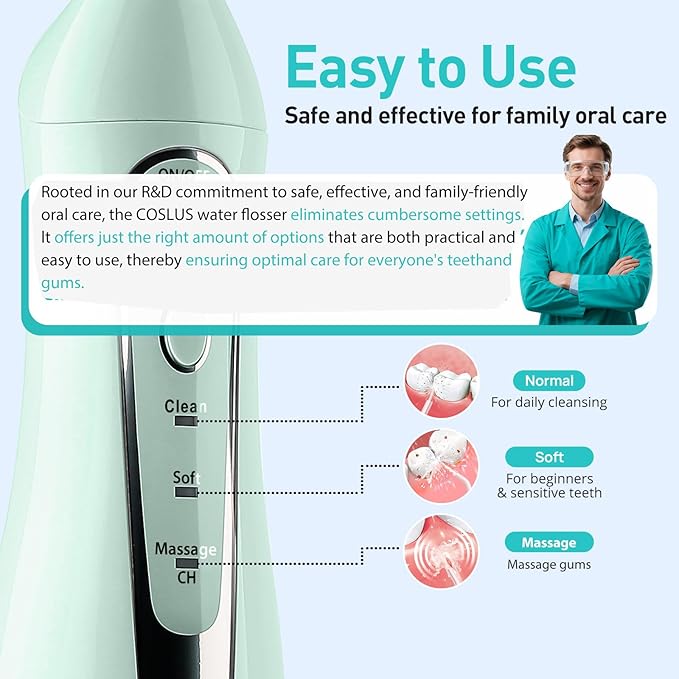 COSLUS Water Dental Flosser Teeth Pick C20(F5020E): Portable Cordless Oral Irrigator 300ML Rechargeable Travel Irrigation Cleaner IPX7 Waterproof Electric Flossing Machine for Teeth Cleaning, Green