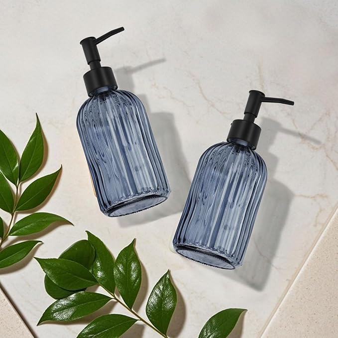 2 Pack Stripe Glass Soap Dispenser with Black Plastic Pump, 400ml Liquid Hand Soap Dispenser, Rustproof Pump for Kitchen & Bathroom, Great for Lotions, Essential Oil, Liquid Soaps- (Grayish Blue)
