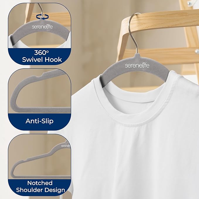 SereneLife 30 Pack Velvet Hangers – Non-Slip Clothes Hangers with Heavy Duty Design, Slim Space-Saving Coat Hangers with 360° Swivel Hook, Strong Lightweight Closet Organizer Set for Clothes (Gray)