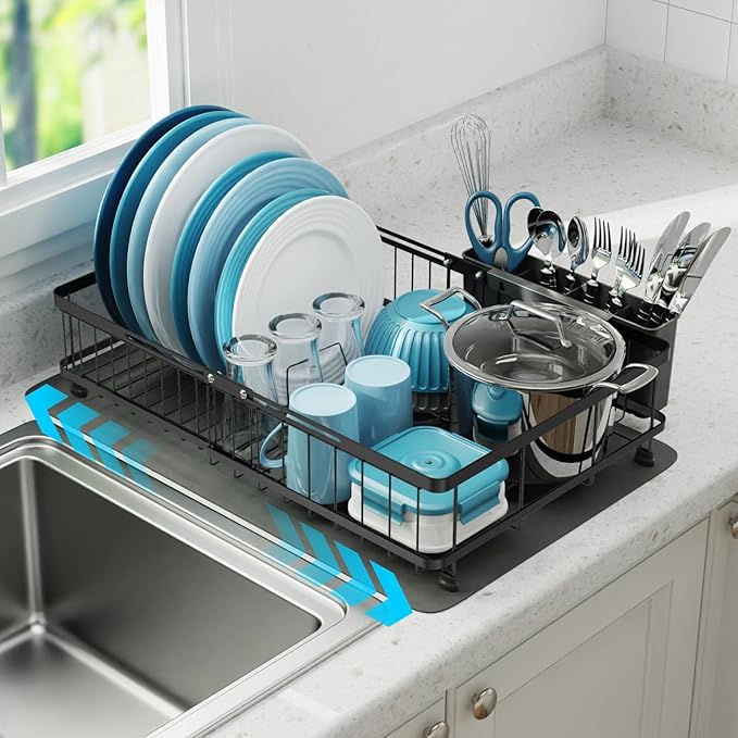 GSlife Family Size Large Capacity Expandable Dish Drying Rack with Absorbent Mat, Rust Resistant Dish Drainer for Plates Bowls Pots and Pans, 16.5"-21.3" L x 14.7" W, Black