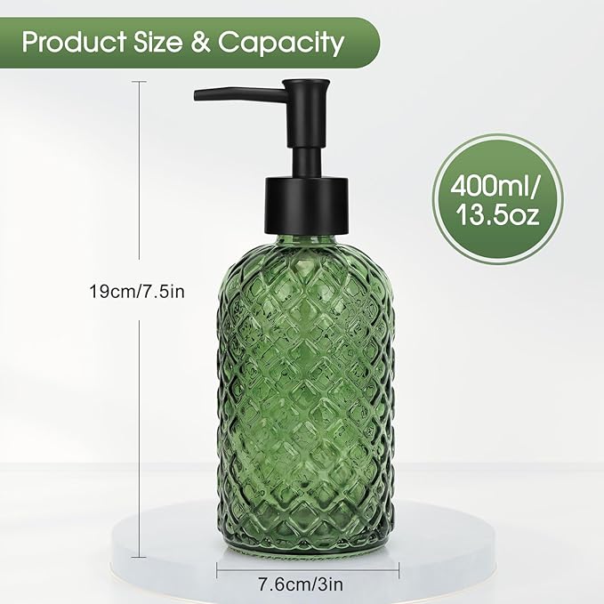 2 Pack Gem Glass Soap Dispenser with Black Plastic Pump, 13oz Liquid Hand Soap Dispenser, Rustproof Pump for Kitchen & Bathroom, Great for Lotions, Essential Oil, Liquid Soaps-Army Green