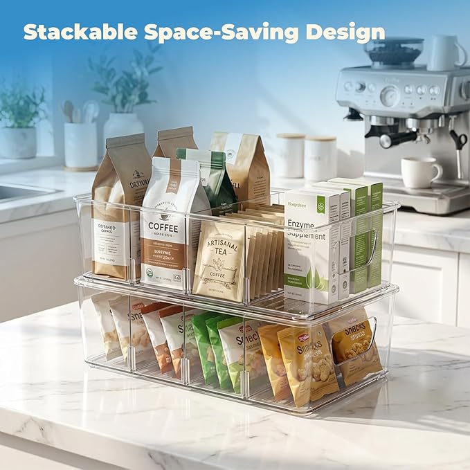 4 Pack Pantry Organizers and Storage, Clear Plastic with 3 Removable Dividers, for Tea Bag, Snack, Seasoning Organizer – BPA Free Perfect in Pantry and Fridge