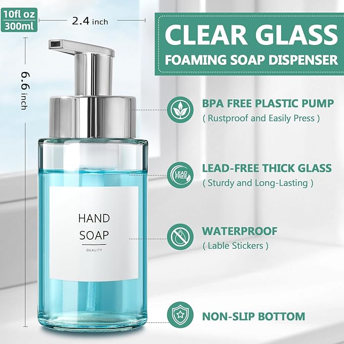 Glass Soap Dispenser, 10 oz/300ml Foaming Soap Dispenser, 4 Pack Foaming Hand Dispenser for Bathroom & Kitchen, Clear Refillable Foam Soap Bottle with Silver Pump