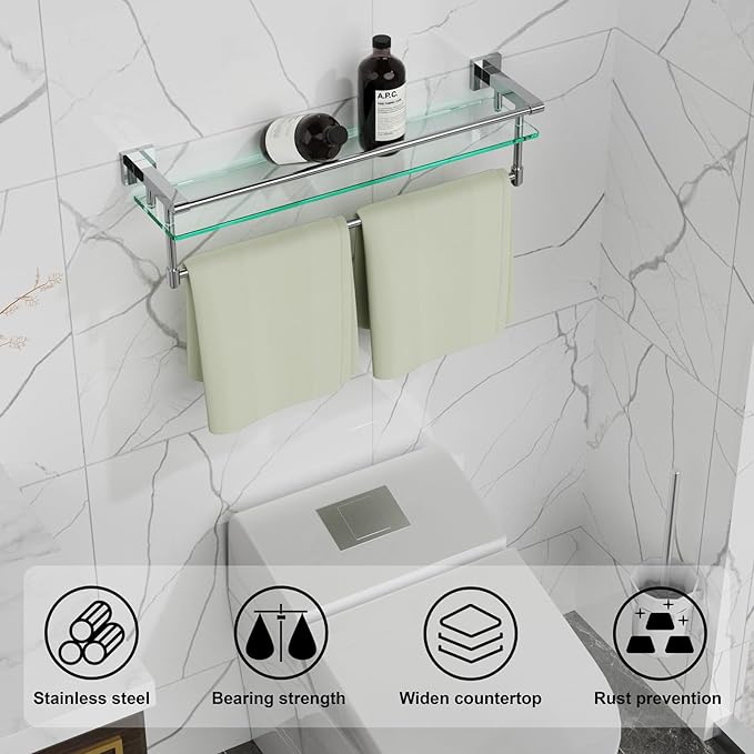 SFGSOWOR Bathroom Glass Shelf with Towel Rack Organizer Wall-Mounted Bathroom Storage SUS304 Stainless Steel Towel Bar/Track Wall-Mounted Tempered Glass Shelves (Chrome Polished, 20-inch)
