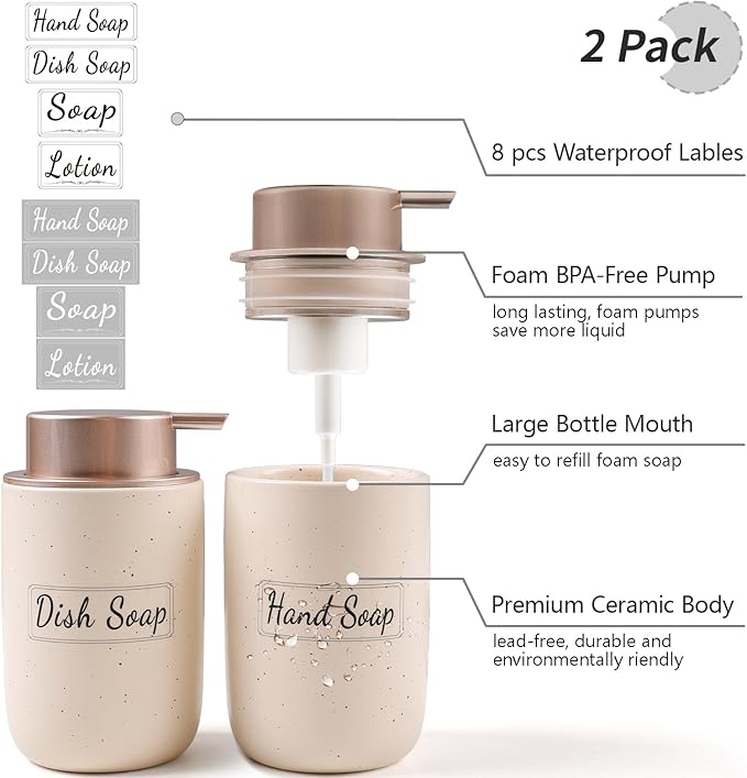 BosilunLife Foaming Soap Dispenser Set - Apricot Ceramic Foam Hand Soap Dispenser 12oz with Rust Proof Pump, Easy Pressing & Refillable,4Pcs Clear Stickers for Kitchen, Bathroom - 2 Pack