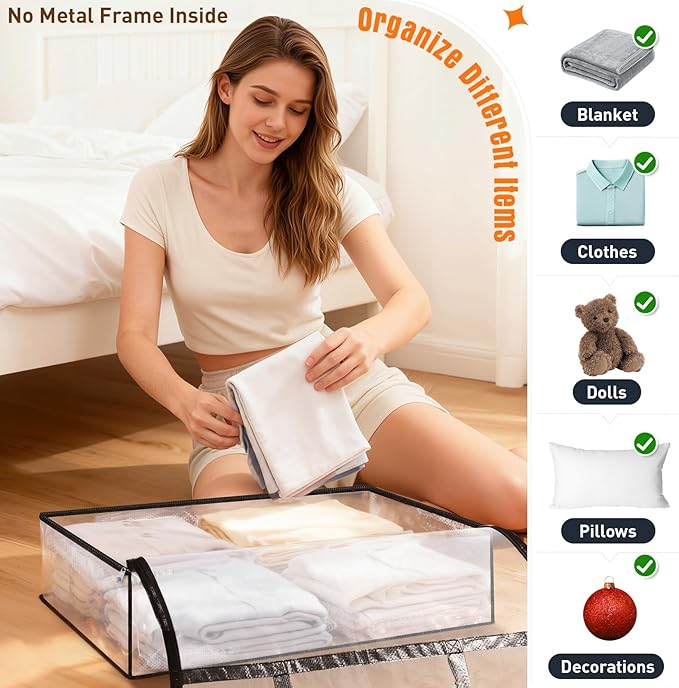 Clear Under Bed Storage Containers - 6 Pack Large Capacity Clothes Storage Bags with Lid & Sturdy Handles, Foldable Moving Bags, Clothing Organizer Totes for Bedding, Comforter, Sheet（40 L）