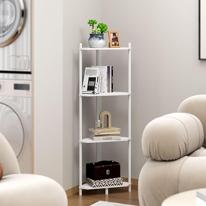 Corner Shelf Stand - 4 Tier Bamboo Small Corner Bookshelf for Office Kitchen Bedroom Plant Stand Living Room Decor Small Space (White, 4 Tier)