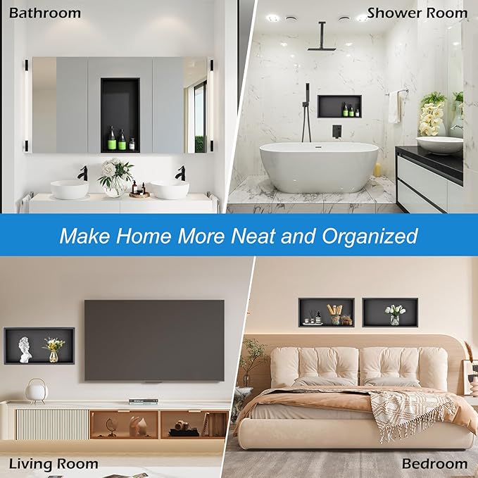 BATHFINESSE Shower Niche 24 x 12, Matte Black Stainless Steel Shower Niche Shelf Recessed for Bathroom Storage No Tile Needed Over Mount Installation