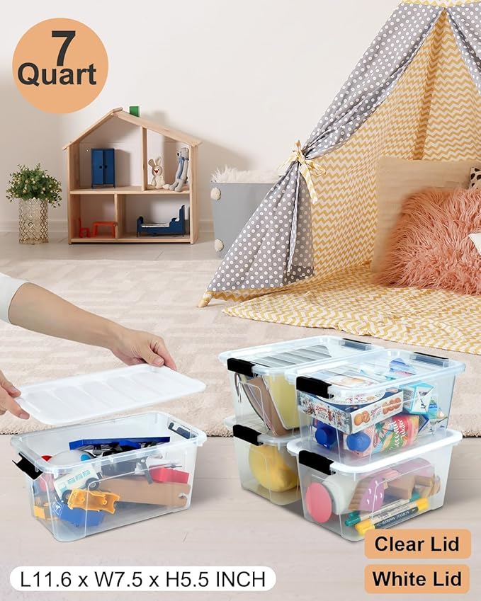 Plastic Storage Bins with Lids 6 Pack, 7 Quart Storage Containers with Black Buckle Latch, Stackable Storage Containers for Home Pantry Office Classroom Organization,