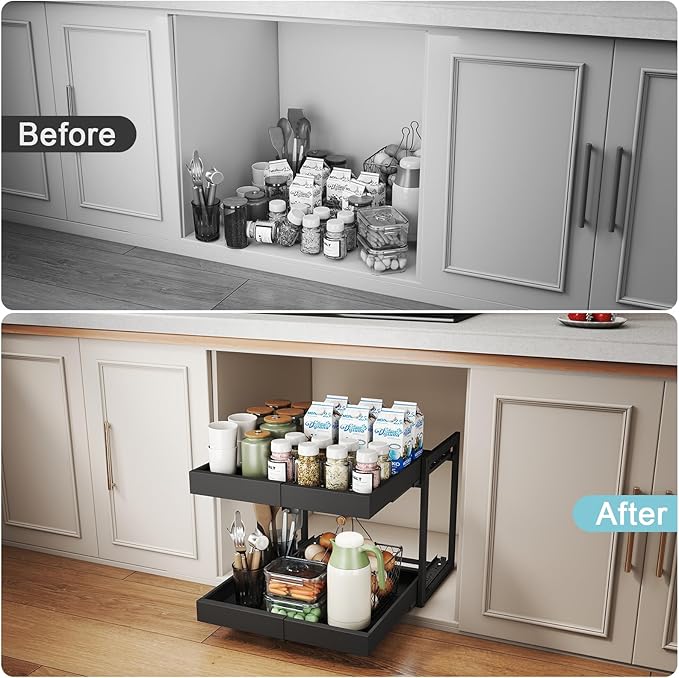 Golener 2-Tier Expandable Pull Out Cabinet Organizer - Pull-Out Drawers for Kitchen Cabinets, 2 Slide Home Storage Organizers, Slide Out Shelves for Base Cabinet Organization in Kitchen, Black Metal