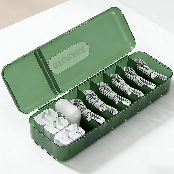 RayHenry Cable Organizer Box with Lid, Charger Cord Storage Box, Multifunctional Accessories Storage for Home Drawer Office Desk (Dark Green)