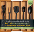 Carbonized Bamboo Kitchen Drawer Organizer, 5 Slots Expandable Silverware Organizer, Utensil Holder & Cutlery Tray, 2.2" Deep for Extra Capacity, Non-Slip Feet Included.