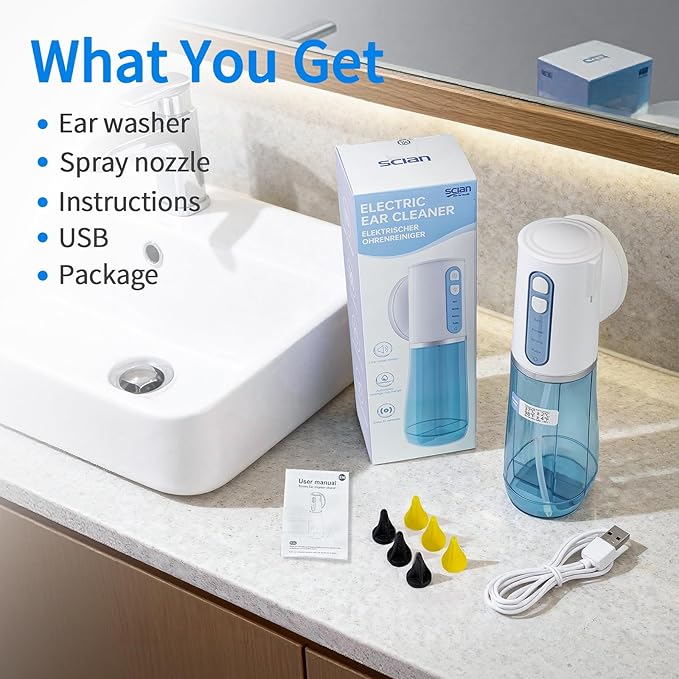 Scian Ear Wax Removal, Electric Ear Irrigation Flushing System, Water Powered Ear Cleaner Tool with 4 Pressure Settings, Safe & Effective Ear Cleaning Kit with 6 Tips, USB Rechargeable, IPX7, Blue