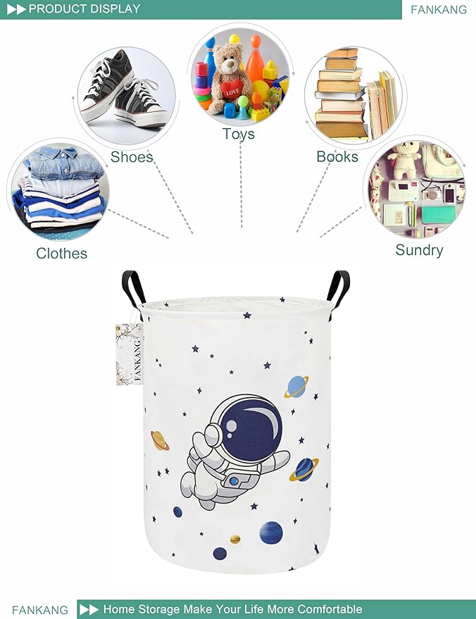 FANKANG Storage Basket, Nursery Hamper Canvas Laundry Basket Foldable with Waterproof PE Coating Large Storage Baskets for Kids Boys and Girls, Office, Bedroom, Clothes,Toys(Astronaut)