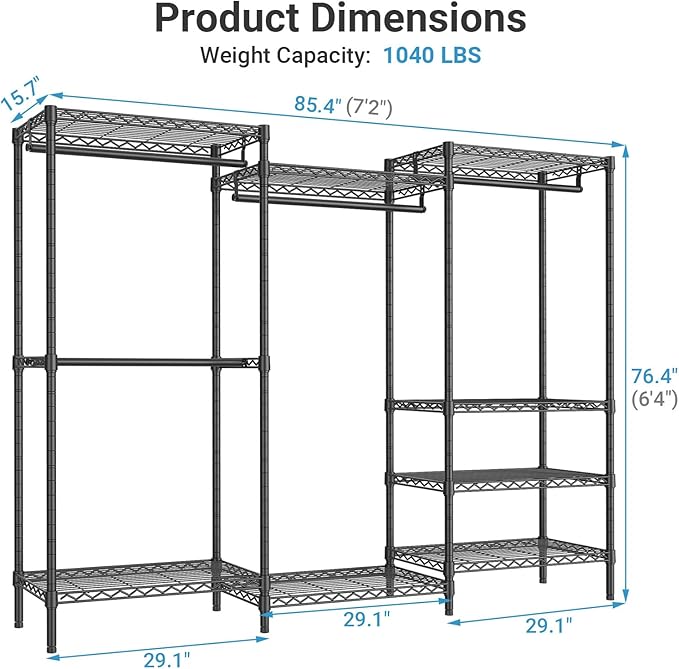 VIPEK V5 Plus Large Portable Closet Rack Freestanding Wardrobe Closet, Multi-Functional Clothes Rack Heavy Duty Metal Clothing Rack for Hanging Clothes, 85.4" L x 15.7" W x 76.4" H, Black