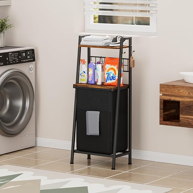Furnulem Laundry Hamper, Vertical Laundry Basket with 2 Tiers Wooden Shelf and Hooks, Clothes Hamper with Pull-Out and Removable Bag for Bathroom, Bedroom, Dorm, 13.21 Gallons (50L)
