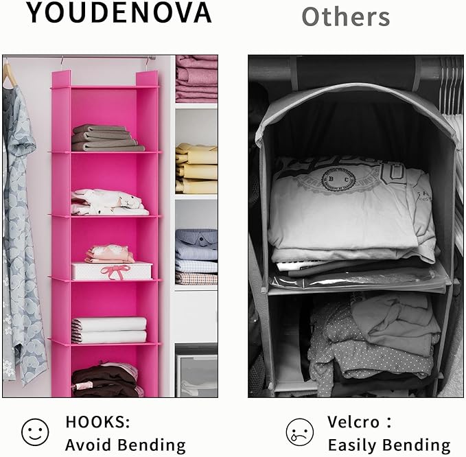 YOUDENOVA Hanging Closet Organizer, 6-Shelf Closet Hanging Shelves, Pink