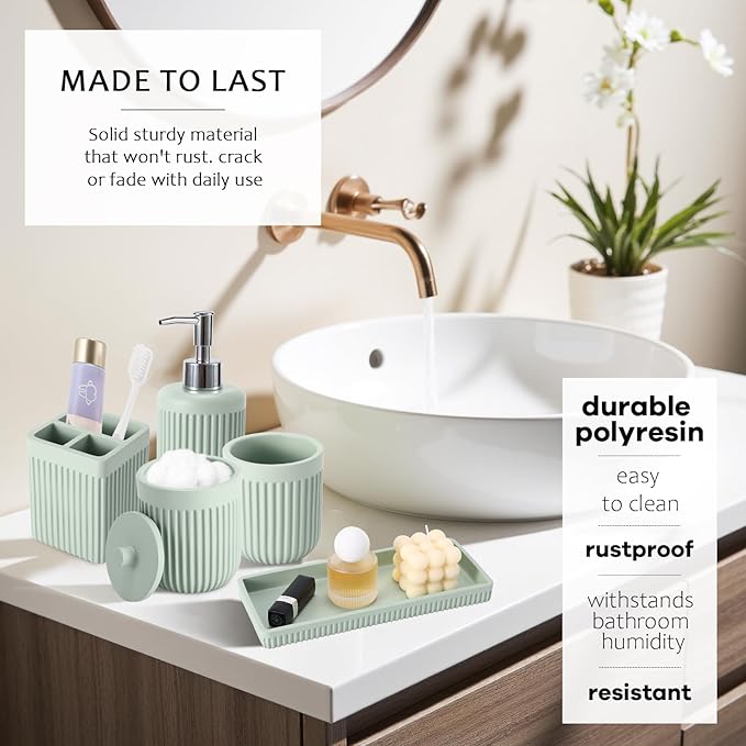 Light Green Bathroom Sets with Shower Curtain and Rugs, 8-Piece Resin Bathroom Accessories Sets Complete, Soap Dispenser, Toothbrush Holder, Tumbler, Tray & Apothecary Jars Bathroom Essentials