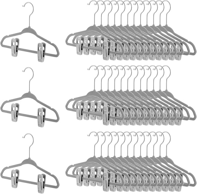 Soaoo 50 Pack Premium Baby Velvet Hangers with Adjustable 100 Clips, Non Slip 11 Inch Slim Kids Closet Organizer for Pants, Dresses & Matching Outfits, Nursery & Toddler Wardrobe (Grey)