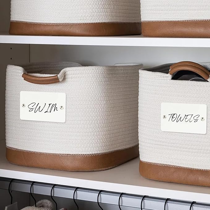Temlum 18 Pcs Acrylic Basket Labels, Storage Tags with Chalk Marker Removable Label for Wire, Wicker, Woven Baskets & Pantry Storage (Rectangle, White)